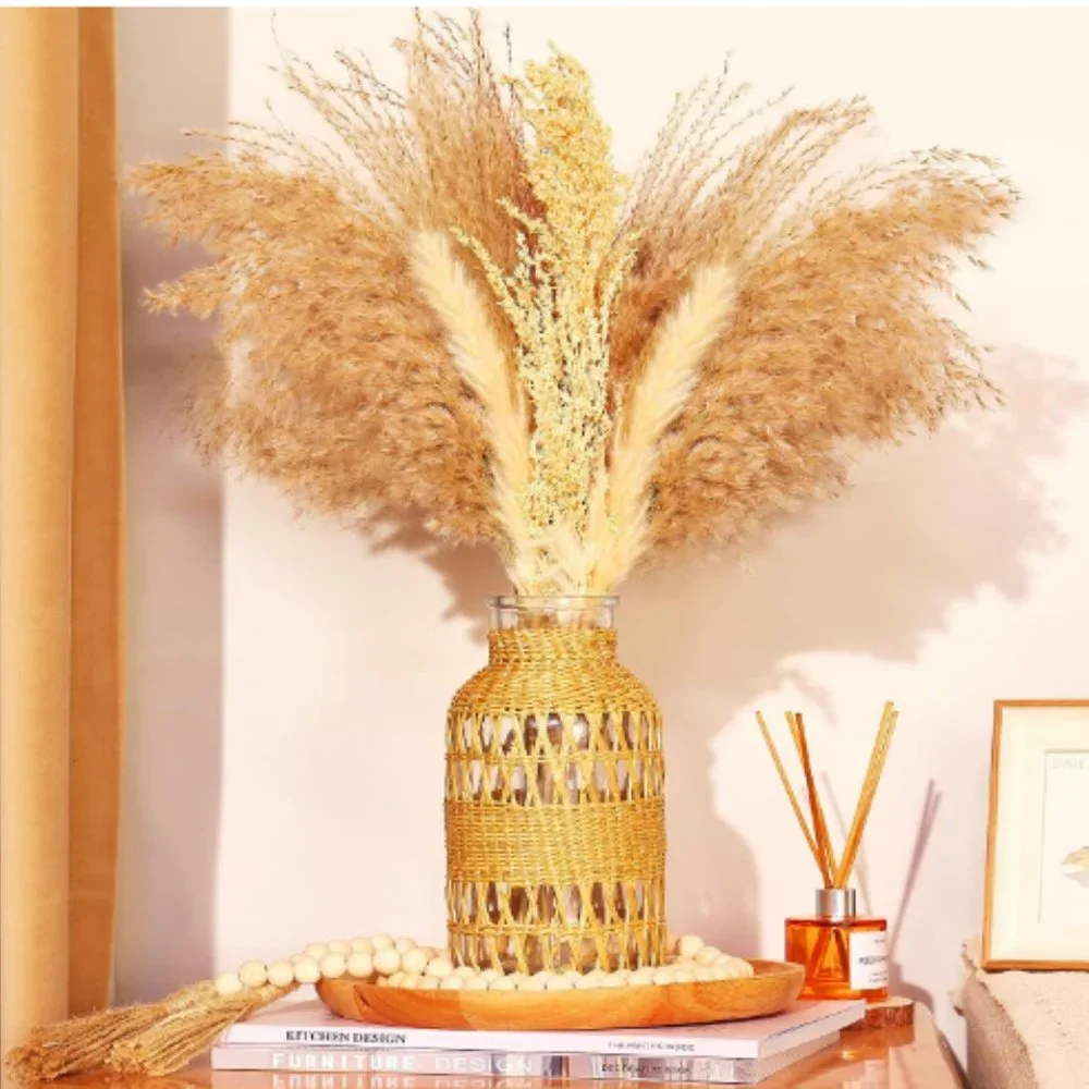 Rustic Farmhouse Vase - Hand Woven Rattan Glass Vase - Dried Pampas Flower Vase